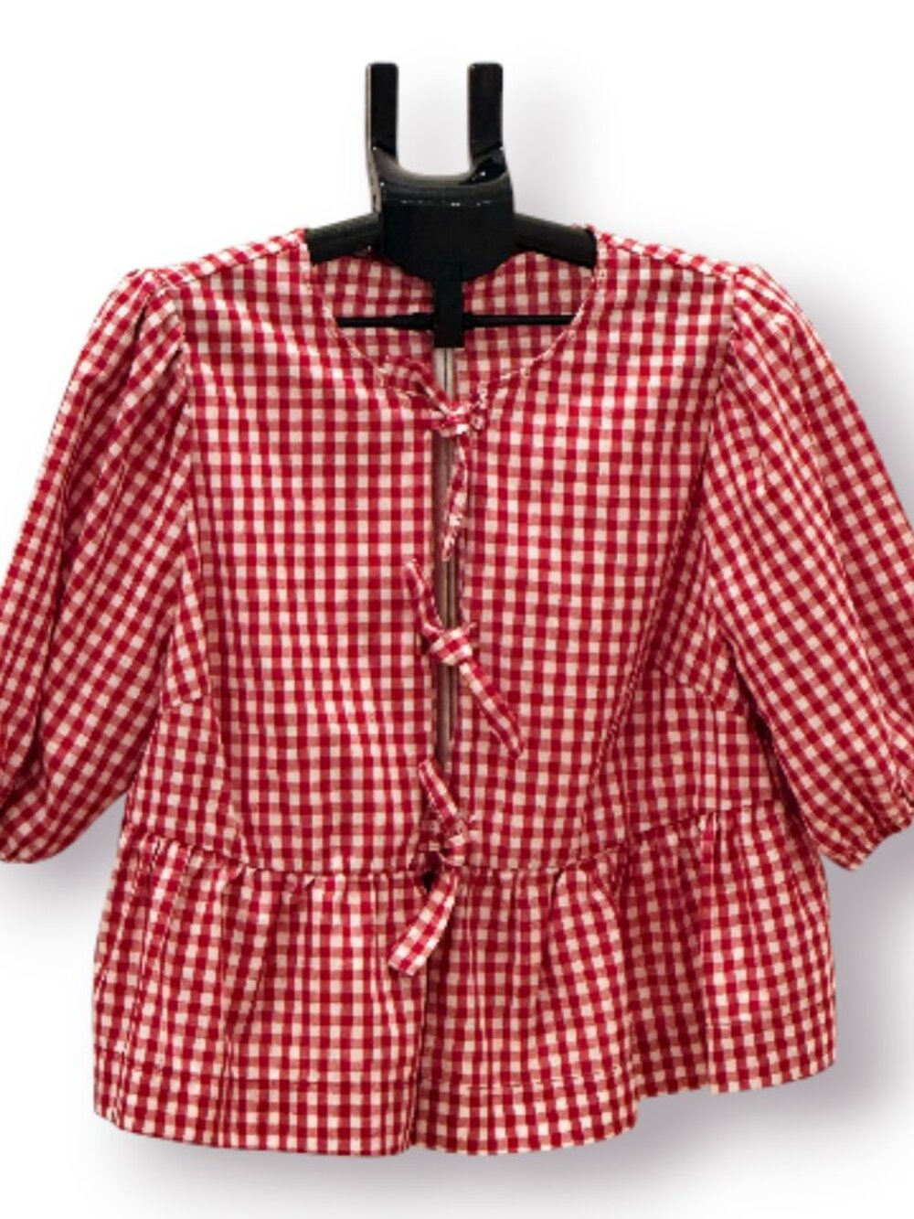 SHEIN Curve Red White Gingham Tie Front Peplum Blouse Puff Sleeve NWOT 3XL